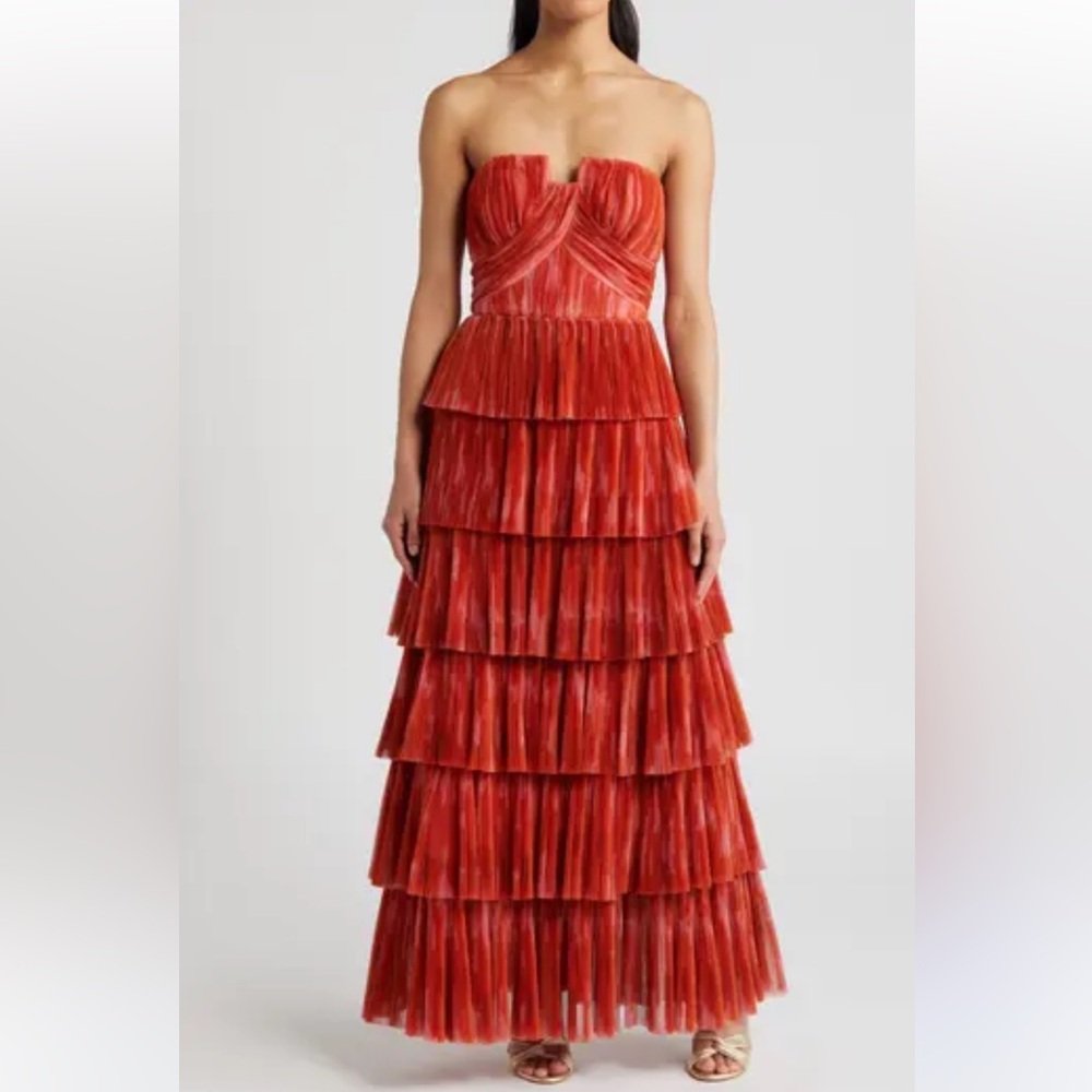 Anthropologie Red Strapless Tiered Maxi Dress